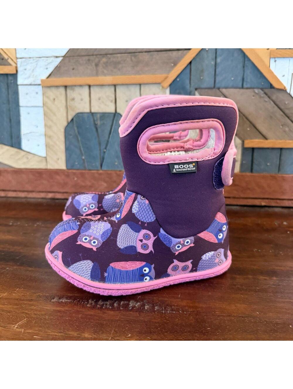 Baby Bogs Purple Owl Waterproof Boots Size 7